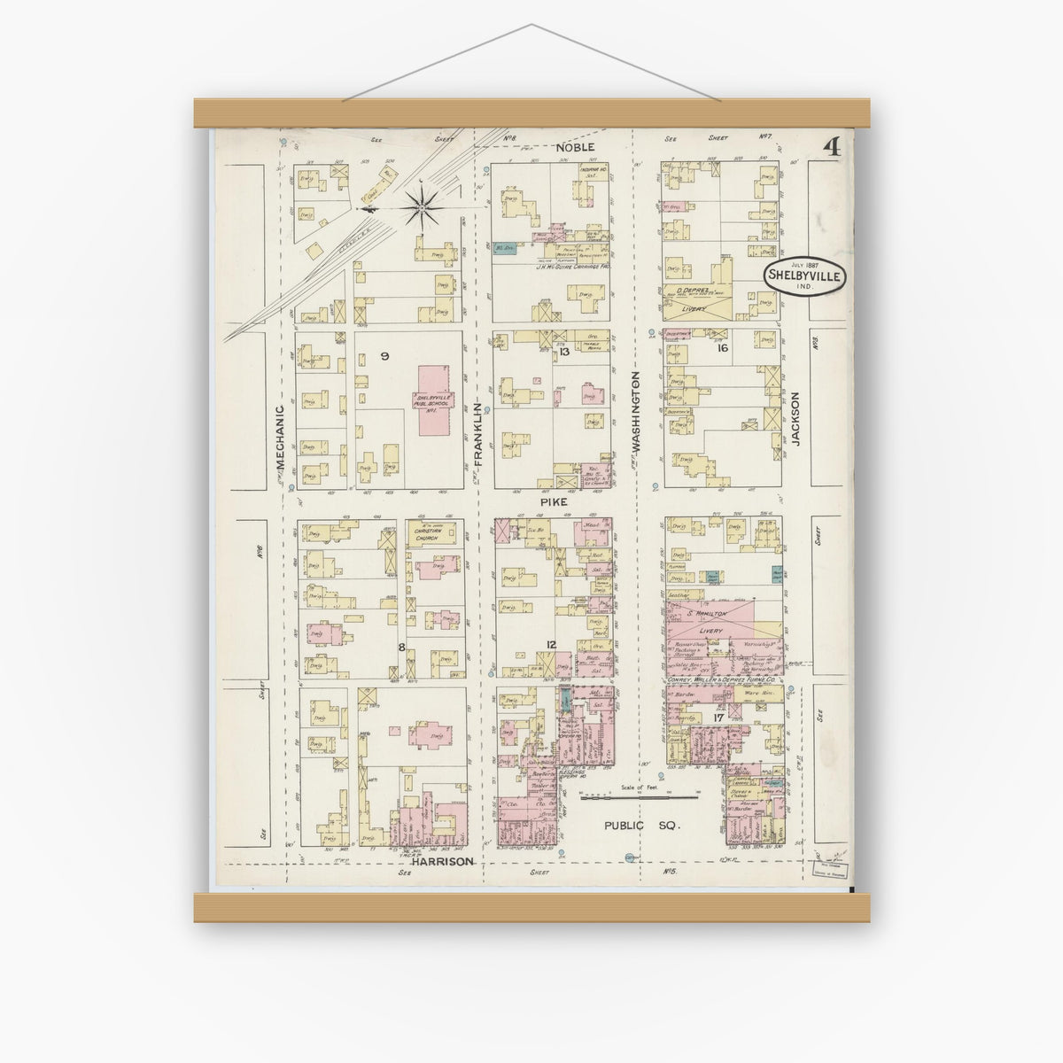 Old map wall art mockup — magnetic wood frame on white wall — Sanborn Fire Insurance Map from Shelbyville, Shelby County, Indiana (1887), Sheet #0004