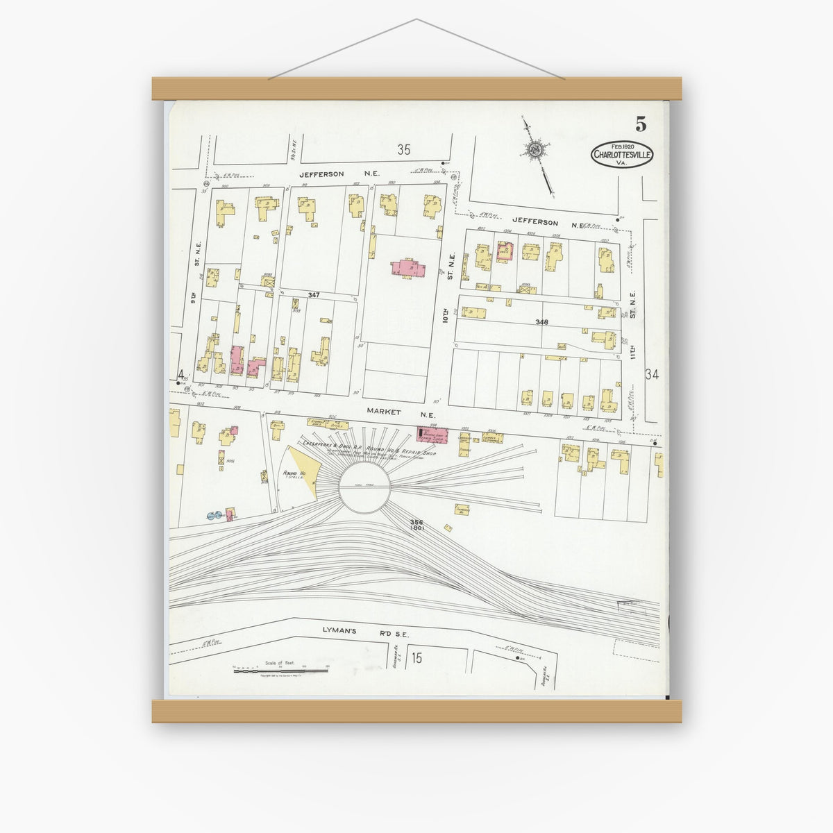 Old map wall art mockup — magnetic wood frame on white wall — Sanborn Fire Insurance Map from Charlottesville, Independent Cities, Virginia (1920), Sheet #0005