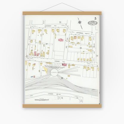 Old map wall art mockup — magnetic wood frame on white wall — Sanborn Fire Insurance Map from Charlottesville, Independent Cities, Virginia (1920), Sheet #0005