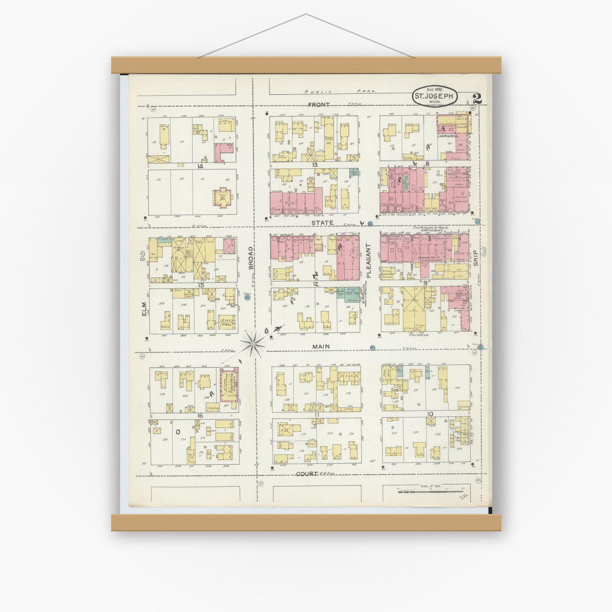 Old map wall art mockup — magnetic wood frame on white wall — Sanborn Fire Insurance Map from Saint Joseph, Berrien County, Michigan (1892), Sheet #0002