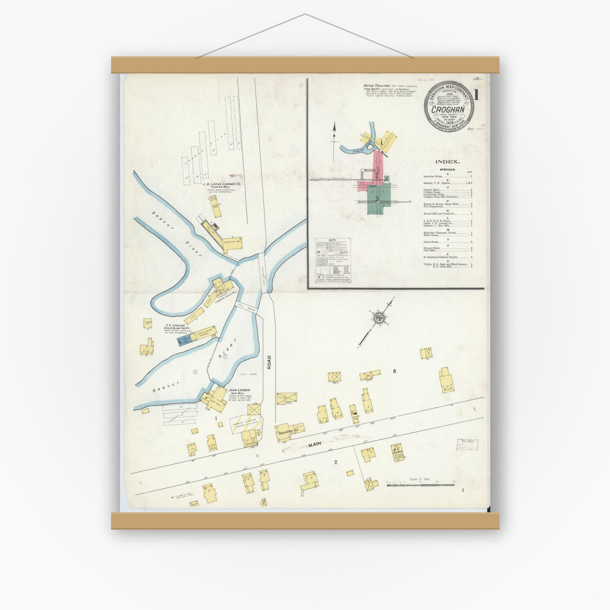 Old map wall art mockup — magnetic wood frame on white wall — Sanborn Fire Insurance Map from Croghan, Lewis County, New York (1909) - Complete Map Set