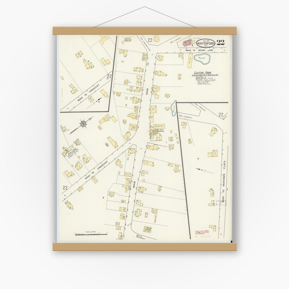Old map wall art mockup — magnetic wood frame on white wall — Sanborn Fire Insurance Map from Waterford, Saratoga County, New York (1914), Sheet #0022