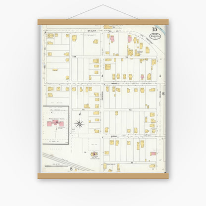 Old map wall art mockup — magnetic wood frame on white wall — Sanborn Fire Insurance Map from Warren, Warren County, Pennsylvania (1904), Sheet #0015