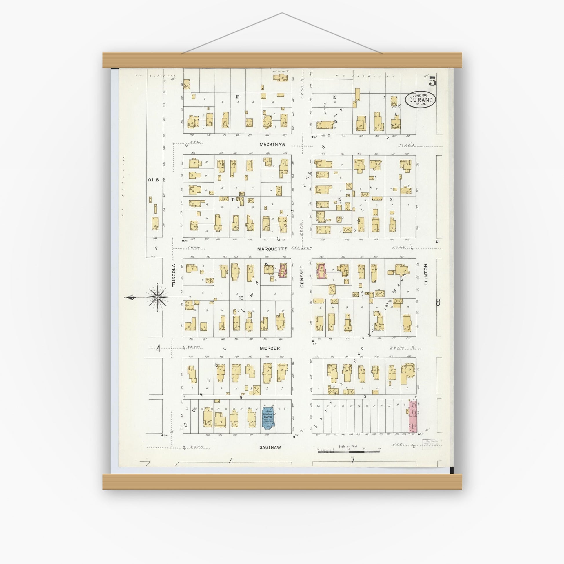 Old map wall art mockup — magnetic wood frame on white wall — Sanborn Fire Insurance Map from Durand, Shiawassee County, Michigan (1908), Sheet #0005