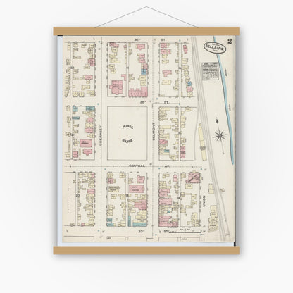 Old map wall art mockup — magnetic wood frame on white wall — Sanborn Fire Insurance Map from Bellaire, Belmont County, Ohio (1884), Sheet #0002