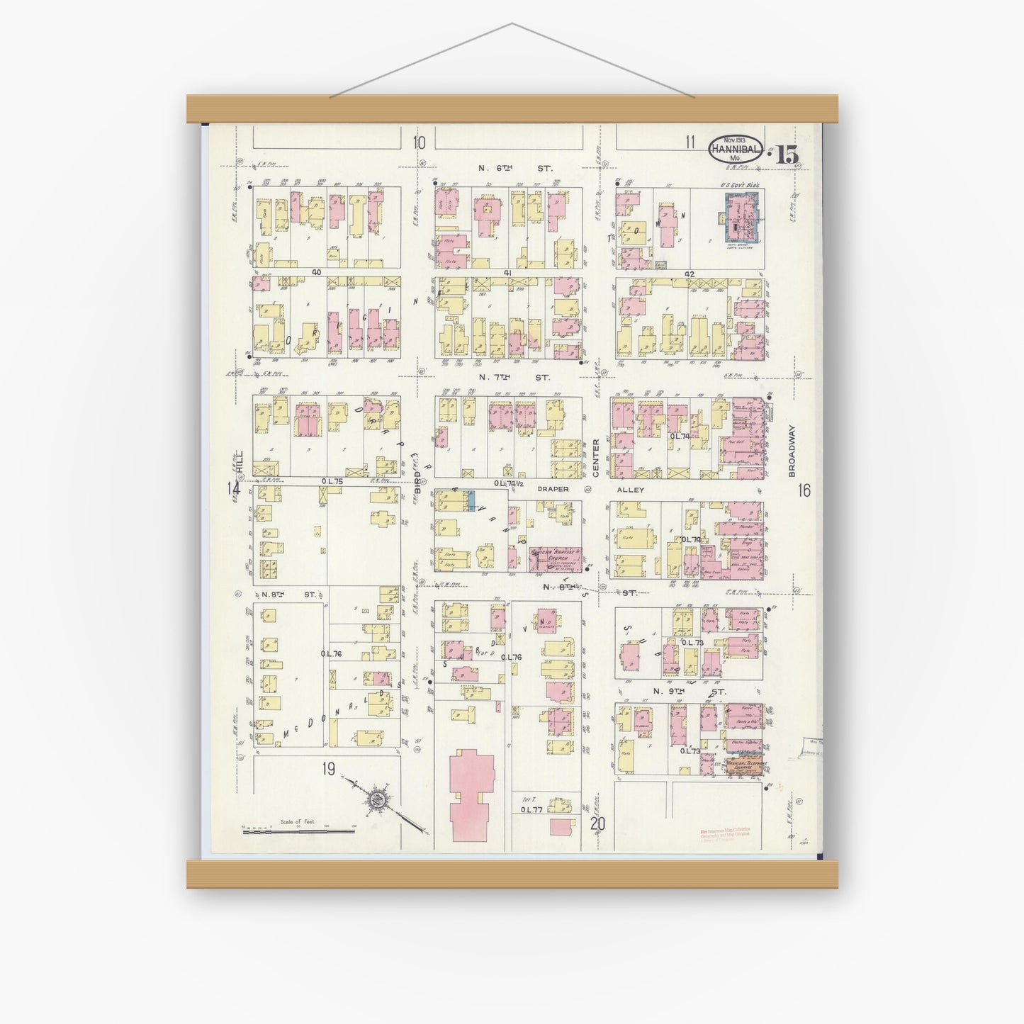 Old map wall art mockup — magnetic wood frame on white wall — Sanborn Fire Insurance Map from Hannibal, Marion County, Missouri (1913), Sheet #0015