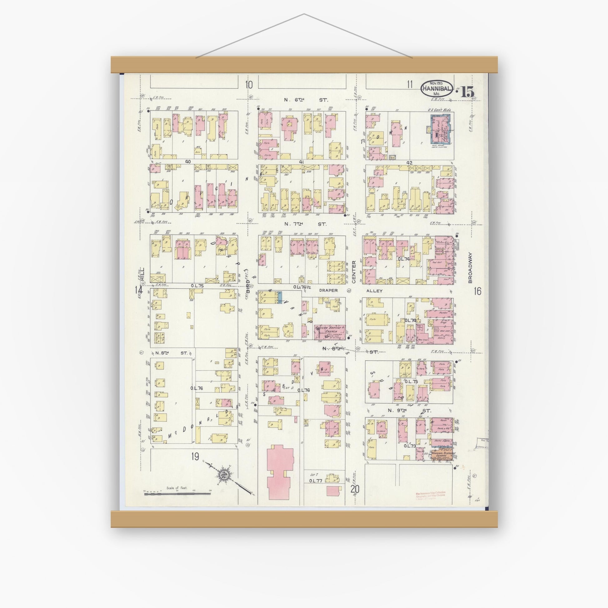 Old map wall art mockup — magnetic wood frame on white wall — Sanborn Fire Insurance Map from Hannibal, Marion County, Missouri (1913), Sheet #0015