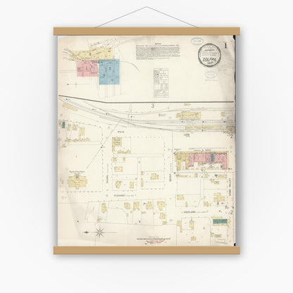 Old map wall art mockup — magnetic wood frame on white wall — Sanborn Fire Insurance Map from Colfax, Placer County, California (1898), Sheet #0001
