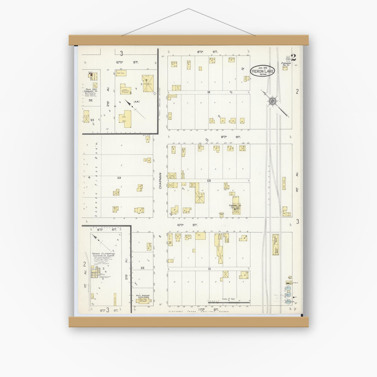 Old map wall art mockup — magnetic wood frame on white wall — Sanborn Fire Insurance Map from Heron Lake, Jackson County, Minnesota (1913), Sheet #0002