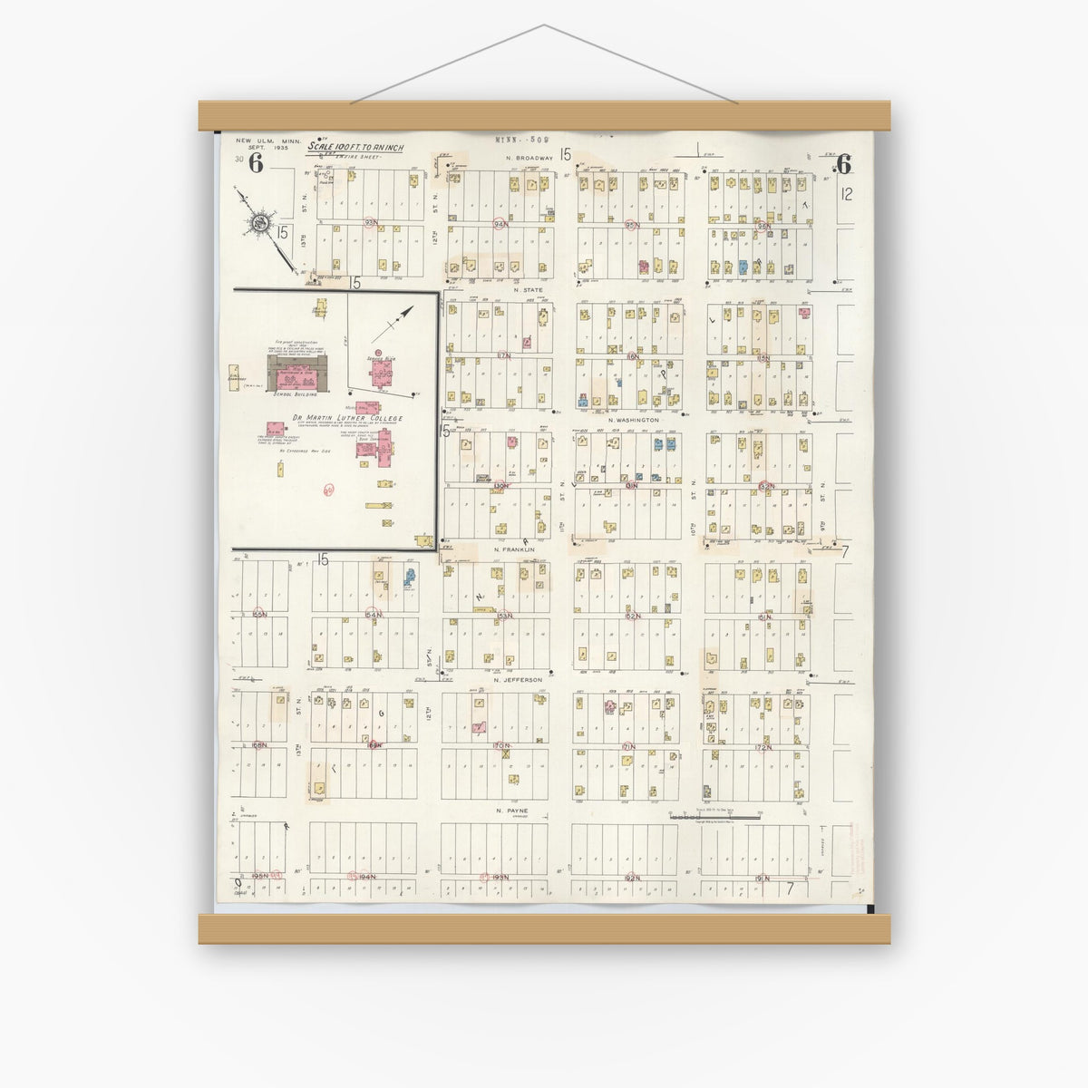 Old map wall art mockup — magnetic wood frame on white wall — Sanborn Fire Insurance Map from New Ulm, Brown County, Minnesota (1946), Sheet #0006