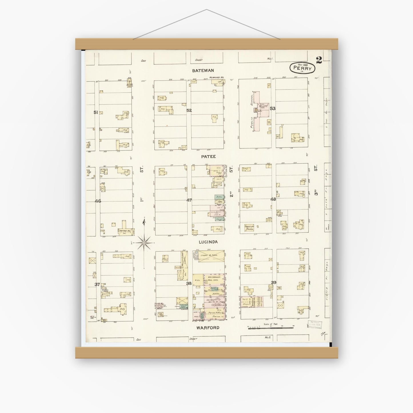 Old map wall art mockup — magnetic wood frame on white wall — Sanborn Fire Insurance Map from Perry, Dallas County, Iowa (1888), Sheet #0002
