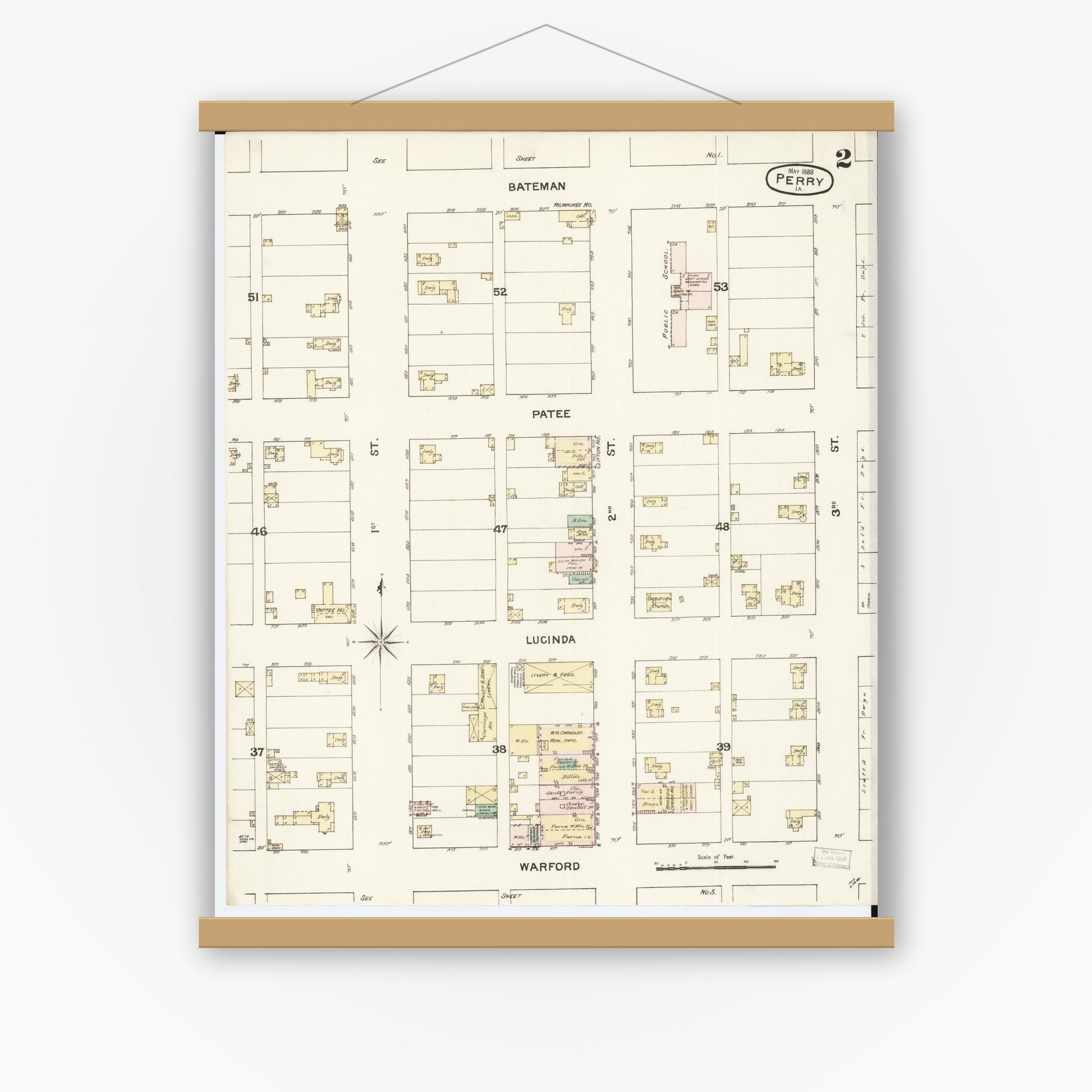 Old map wall art mockup — magnetic wood frame on white wall — Sanborn Fire Insurance Map from Perry, Dallas County, Iowa (1888), Sheet #0002
