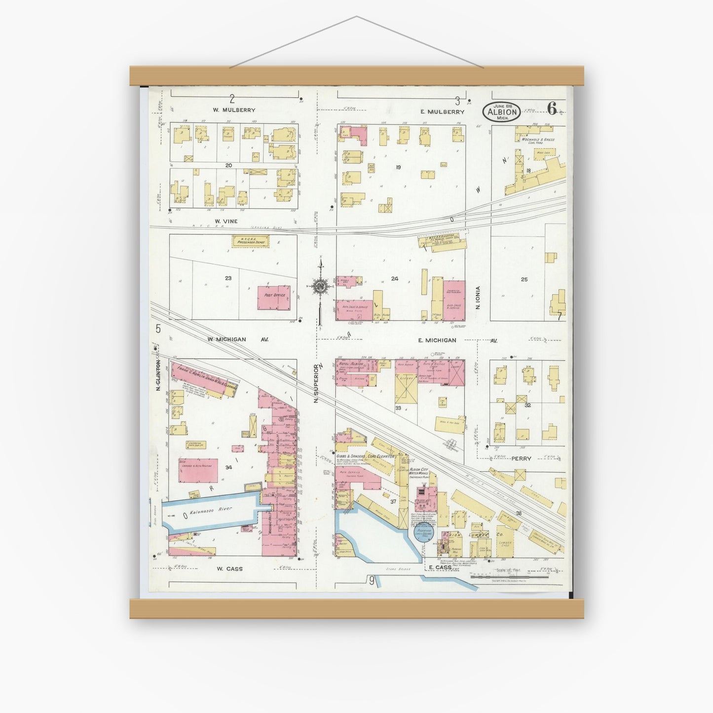Old map wall art mockup — magnetic wood frame on white wall — Sanborn Fire Insurance Map from Albion, Calhoun County, Michigan (1918), Sheet #0006