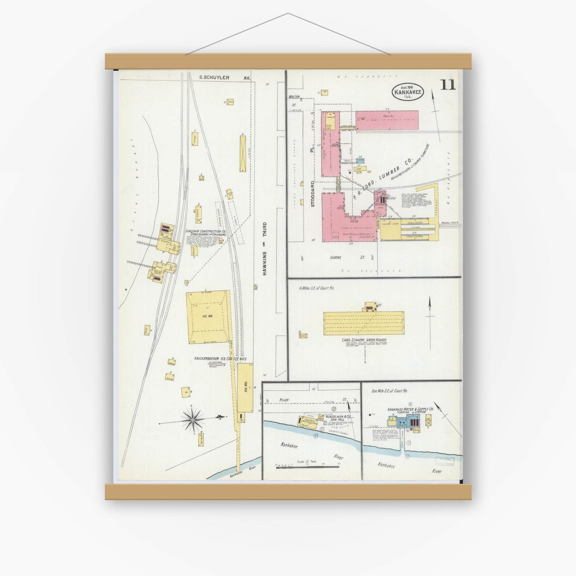 Old map wall art mockup — magnetic wood frame on white wall — Sanborn Fire Insurance Map from Kankakee, Kankakee County, Illinois (1901), Sheet #0011