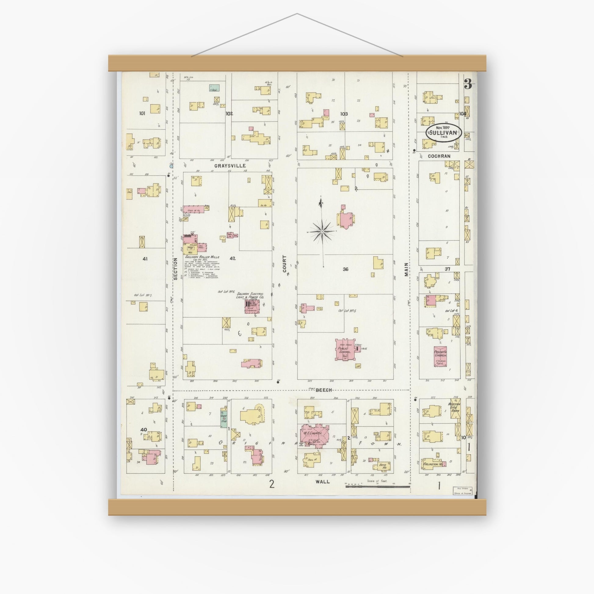 Old map wall art mockup — magnetic wood frame on white wall — Sanborn Fire Insurance Map from Sullivan, Sullivan County, Indiana (1897), Sheet #0003