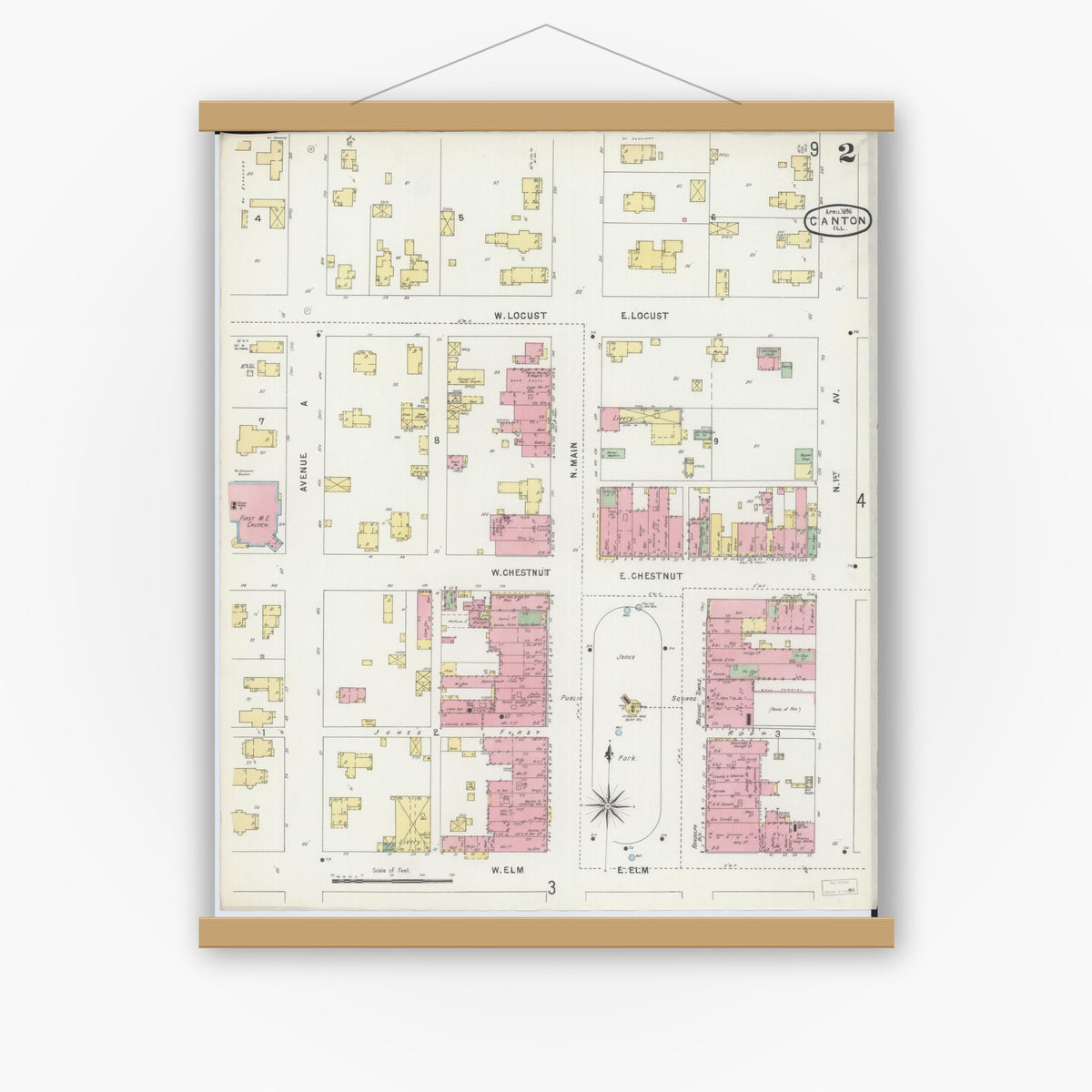Old map wall art mockup — magnetic wood frame on white wall — Sanborn Fire Insurance Map from Canton, Fulton County, Illinois (1896), Sheet #0002