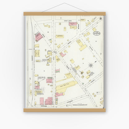 Old map wall art mockup — magnetic wood frame on white wall — Sanborn Fire Insurance Map from Durham, Durham County, North Carolina (1898), Sheet #0006