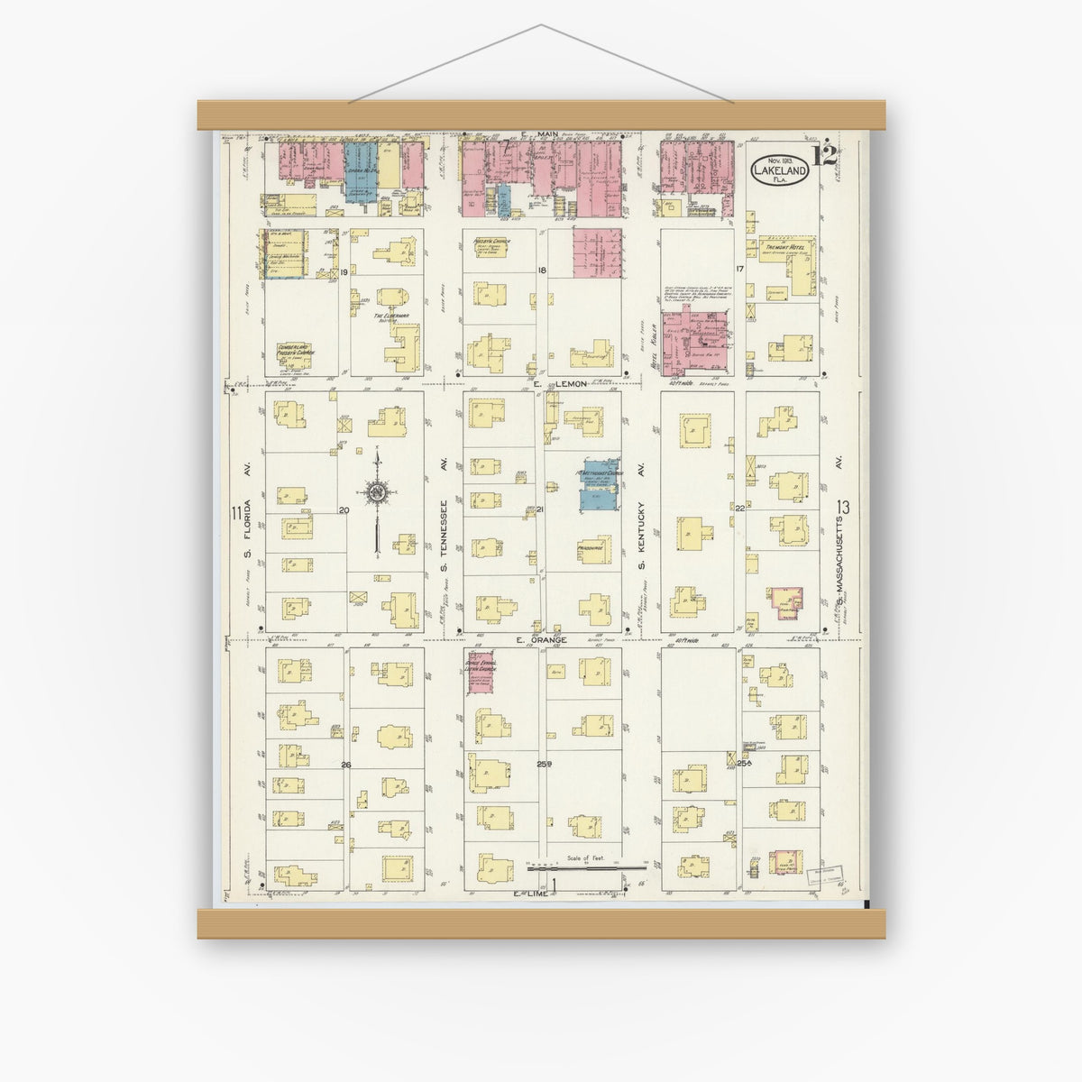 Old map wall art mockup — magnetic wood frame on white wall — Sanborn Fire Insurance Map from Lakeland, Polk County, Florida (1913), Sheet #0012