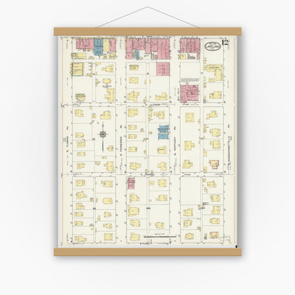 Old map wall art mockup — magnetic wood frame on white wall — Sanborn Fire Insurance Map from Lakeland, Polk County, Florida (1913), Sheet #0012