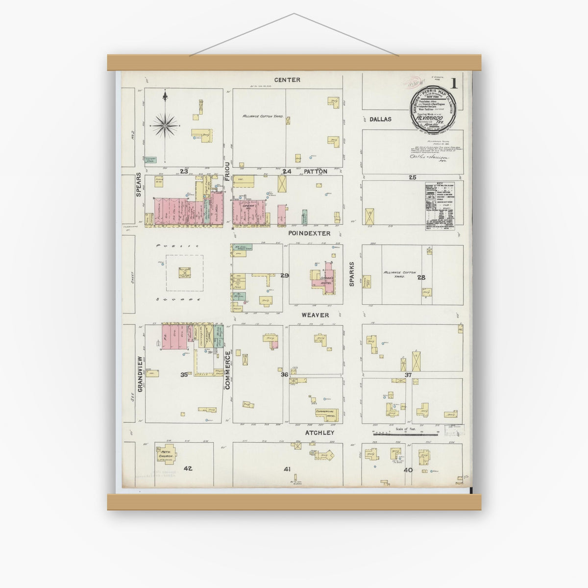 Old map wall art mockup — magnetic wood frame on white wall — Sanborn Fire Insurance Map from Alvarado, Johnson County, Texas (1891) - Complete Map Set