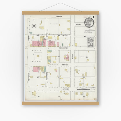 Old map wall art mockup — magnetic wood frame on white wall — Sanborn Fire Insurance Map from Alvarado, Johnson County, Texas (1891) - Complete Map Set