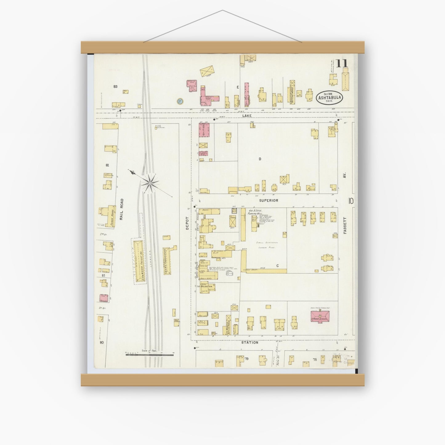 Old map wall art mockup — magnetic wood frame on white wall — Sanborn Fire Insurance Map from Ashtabula, Ashtabula County, Ohio (1898), Sheet #0011
