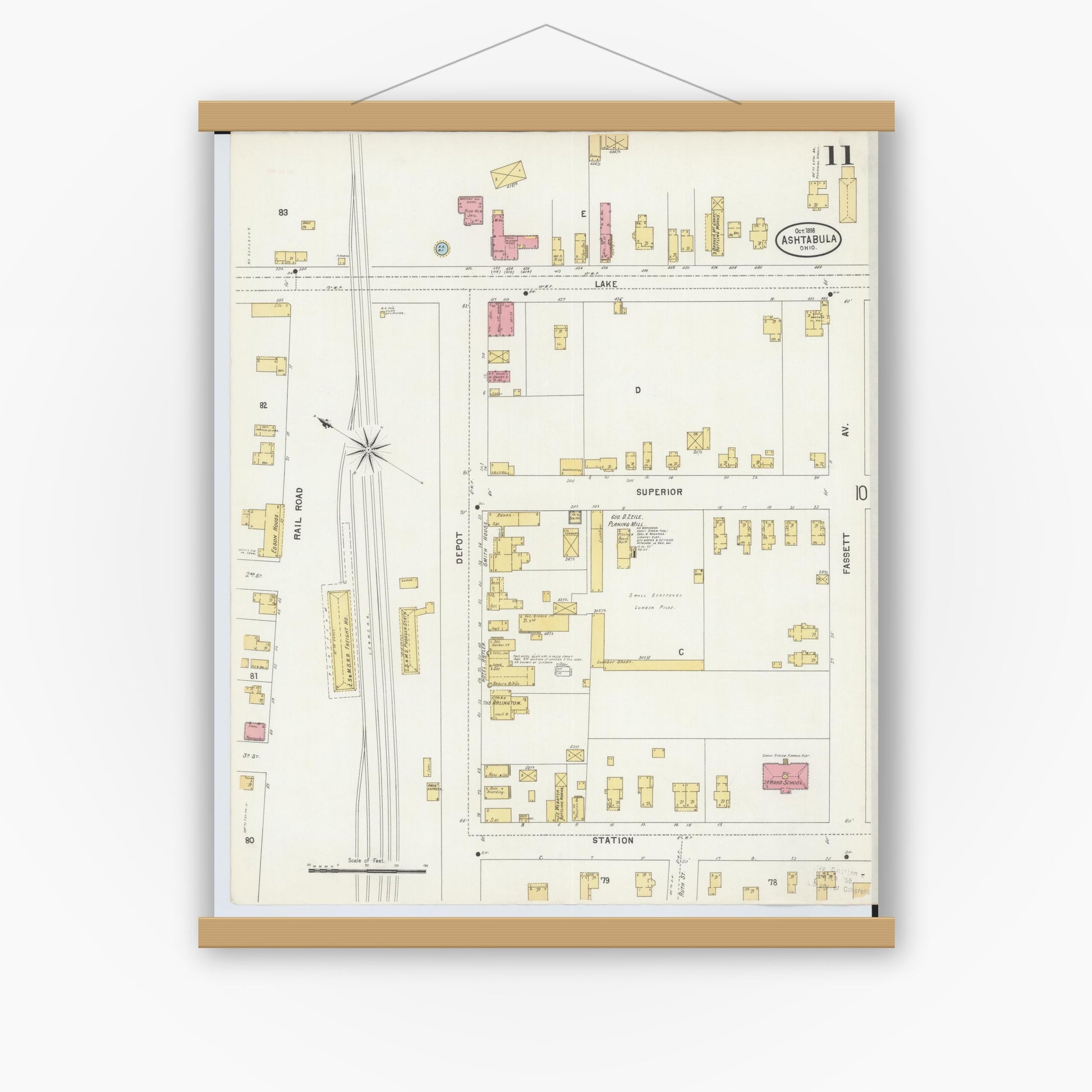 Old map wall art mockup — magnetic wood frame on white wall — Sanborn Fire Insurance Map from Ashtabula, Ashtabula County, Ohio (1898), Sheet #0011