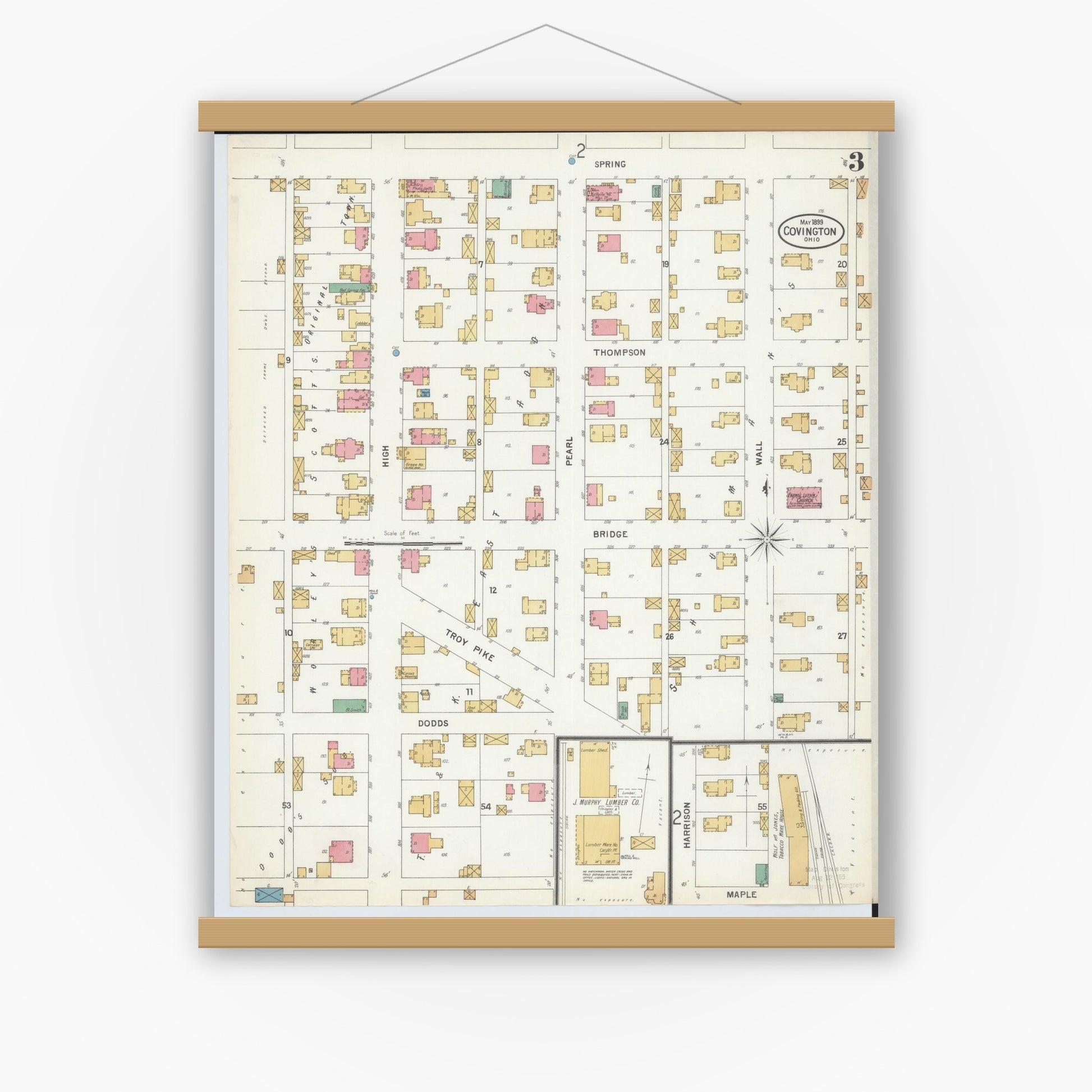 Old map wall art mockup — magnetic wood frame on white wall — Sanborn Fire Insurance Map from Covington, Miami County, Ohio (1899), Sheet #0003