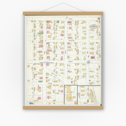 Old map wall art mockup — magnetic wood frame on white wall — Sanborn Fire Insurance Map from Covington, Miami County, Ohio (1899), Sheet #0003