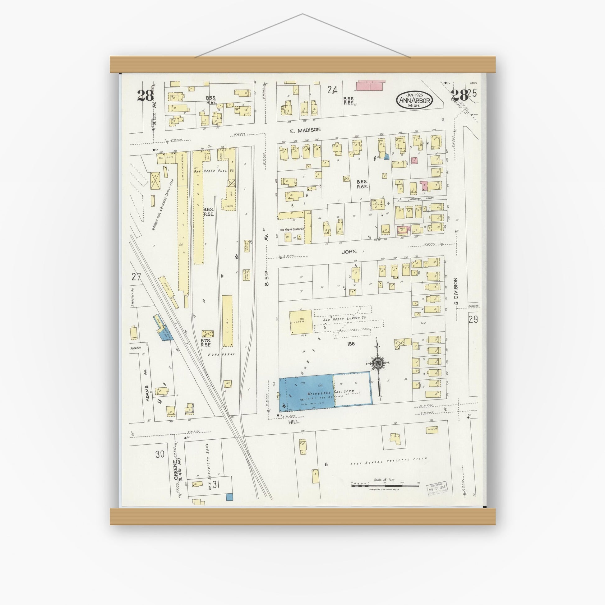 Old map wall art mockup — magnetic wood frame on white wall — Sanborn Fire Insurance Map from Ann Arbor, Washtenaw County, Michigan (1925), Sheet #0028
