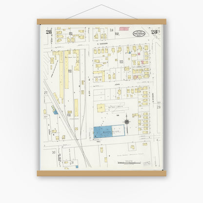 Old map wall art mockup — magnetic wood frame on white wall — Sanborn Fire Insurance Map from Ann Arbor, Washtenaw County, Michigan (1925), Sheet #0028