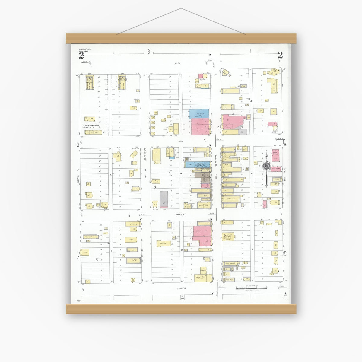 Old map wall art mockup — magnetic wood frame on white wall — Sanborn Fire Insurance Map from Freer, Duval County, Texas (1948), Sheet #0002