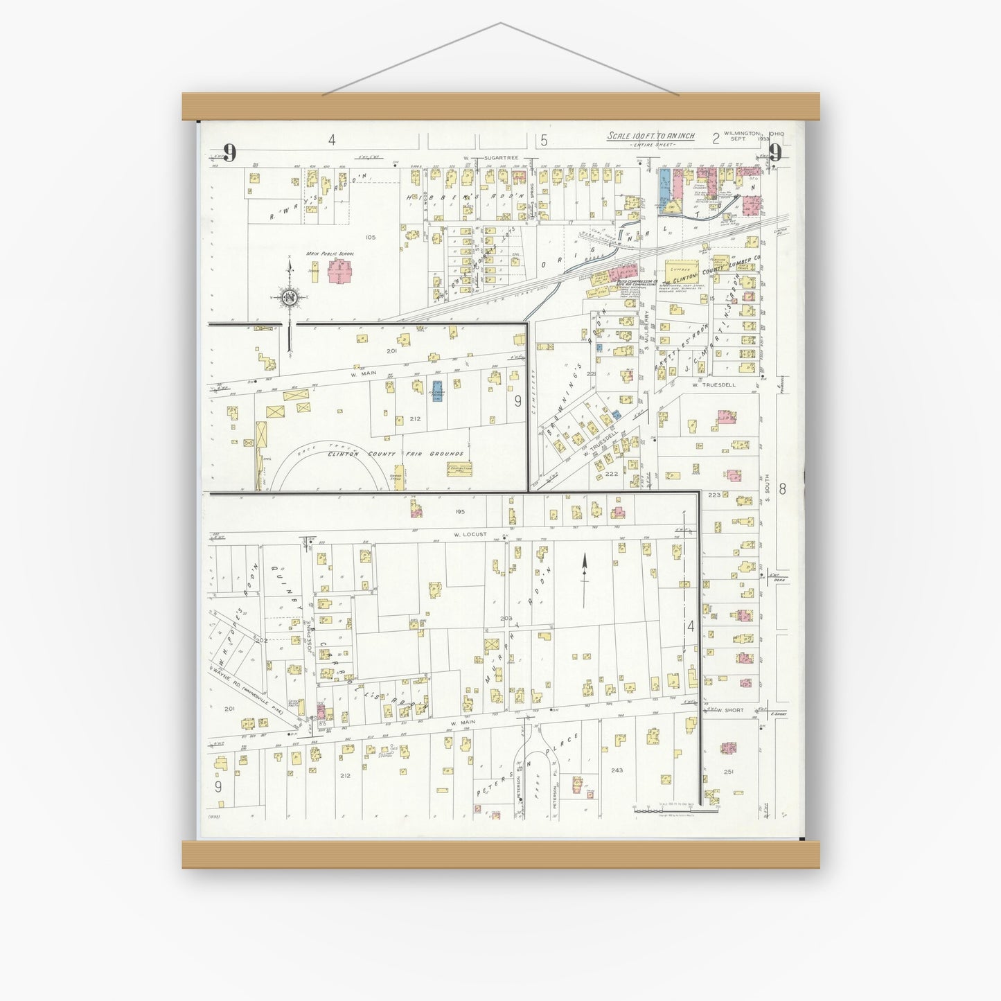 Old map wall art mockup — magnetic wood frame on white wall — Sanborn Fire Insurance Map from Wilmington, Clinton County, Ohio (1933), Sheet #0009