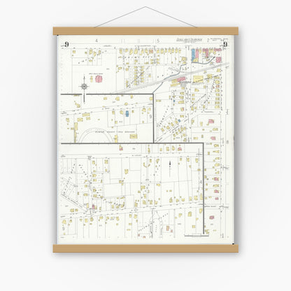 Old map wall art mockup — magnetic wood frame on white wall — Sanborn Fire Insurance Map from Wilmington, Clinton County, Ohio (1933), Sheet #0009