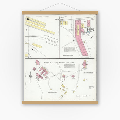 Old map wall art mockup — magnetic wood frame on white wall — Sanborn Fire Insurance Map from Morganton, Burke County, North Carolina (1924), Sheet #0015