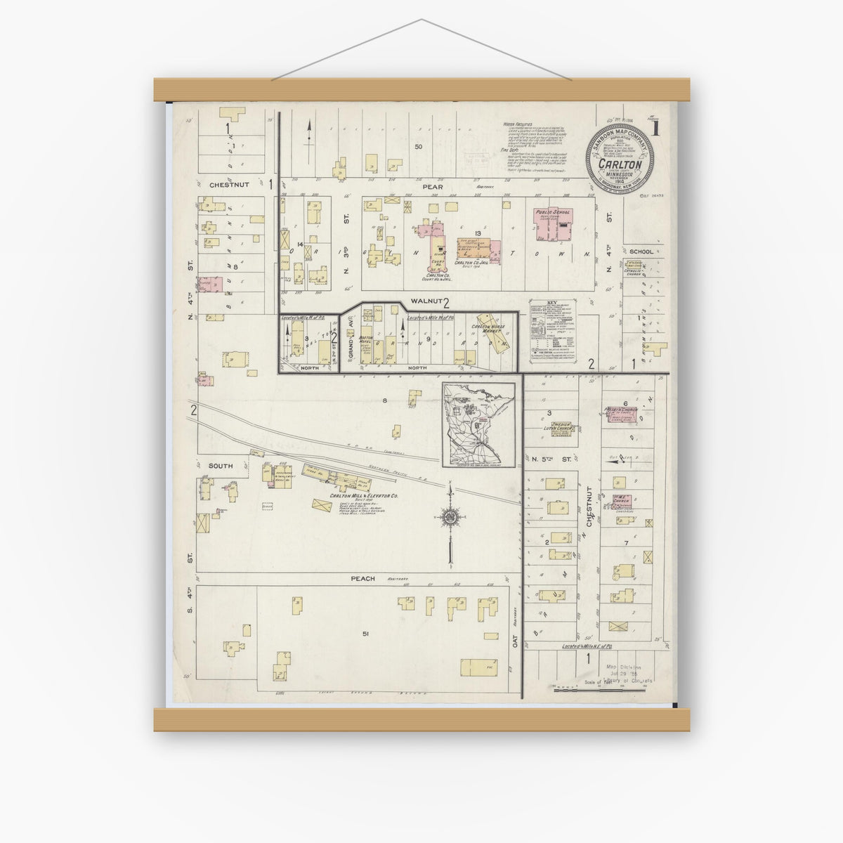 Old map wall art mockup — magnetic wood frame on white wall — Sanborn Fire Insurance Map from Carlton, Carlton County, Minnesota (1914) - Complete Map Set
