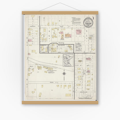 Old map wall art mockup — magnetic wood frame on white wall — Sanborn Fire Insurance Map from Carlton, Carlton County, Minnesota (1914) - Complete Map Set