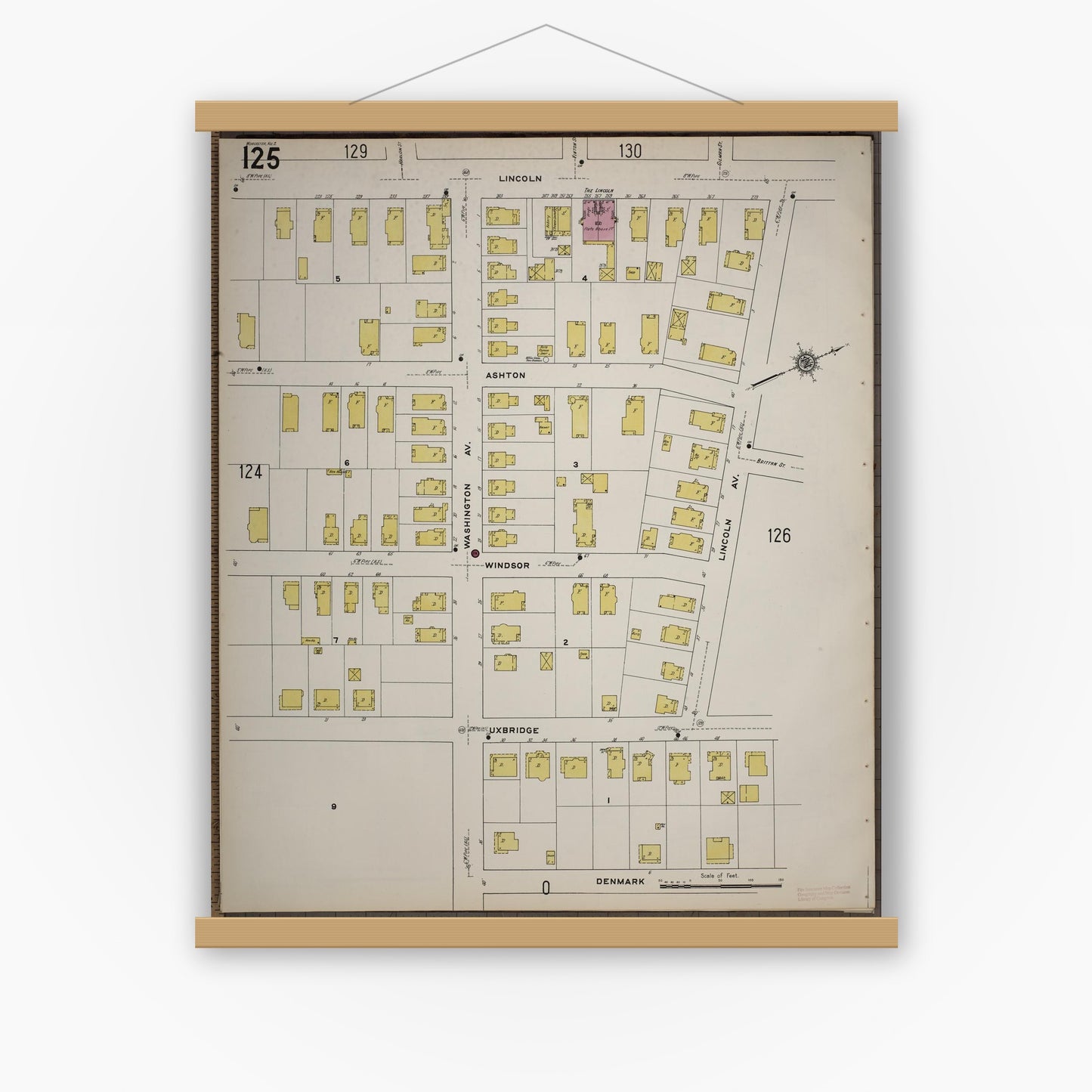 Old map wall art mockup — magnetic wood frame on white wall — Sanborn Fire Insurance Map from Worcester, Worcester County, Massachusetts (1910), Sheet #0125