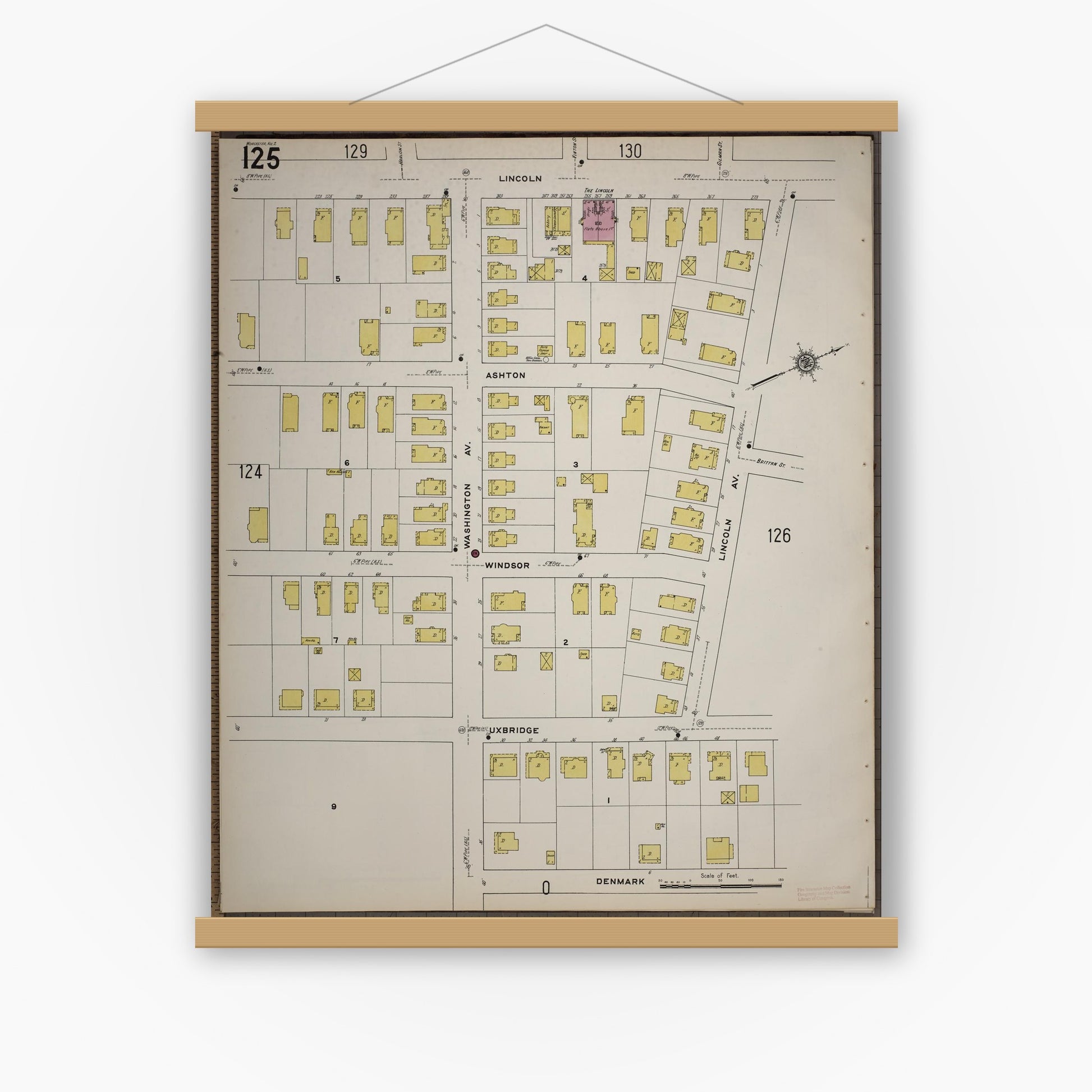 Old map wall art mockup — magnetic wood frame on white wall — Sanborn Fire Insurance Map from Worcester, Worcester County, Massachusetts (1910), Sheet #0125