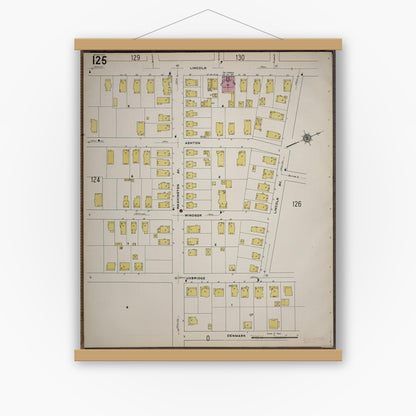 Old map wall art mockup — magnetic wood frame on white wall — Sanborn Fire Insurance Map from Worcester, Worcester County, Massachusetts (1910), Sheet #0125