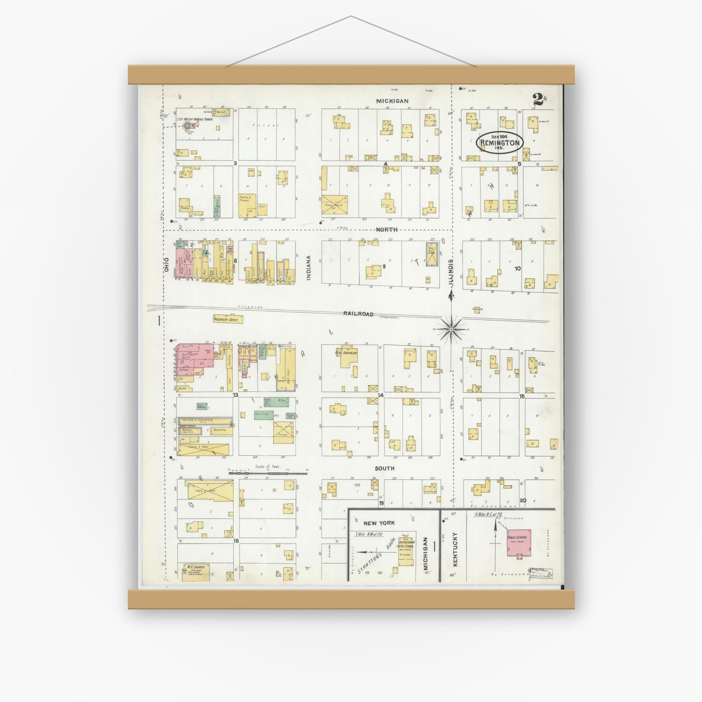 Old map wall art mockup — magnetic wood frame on white wall — Sanborn Fire Insurance Map from Remington, Jasper County, Indiana (1904), Sheet #0002