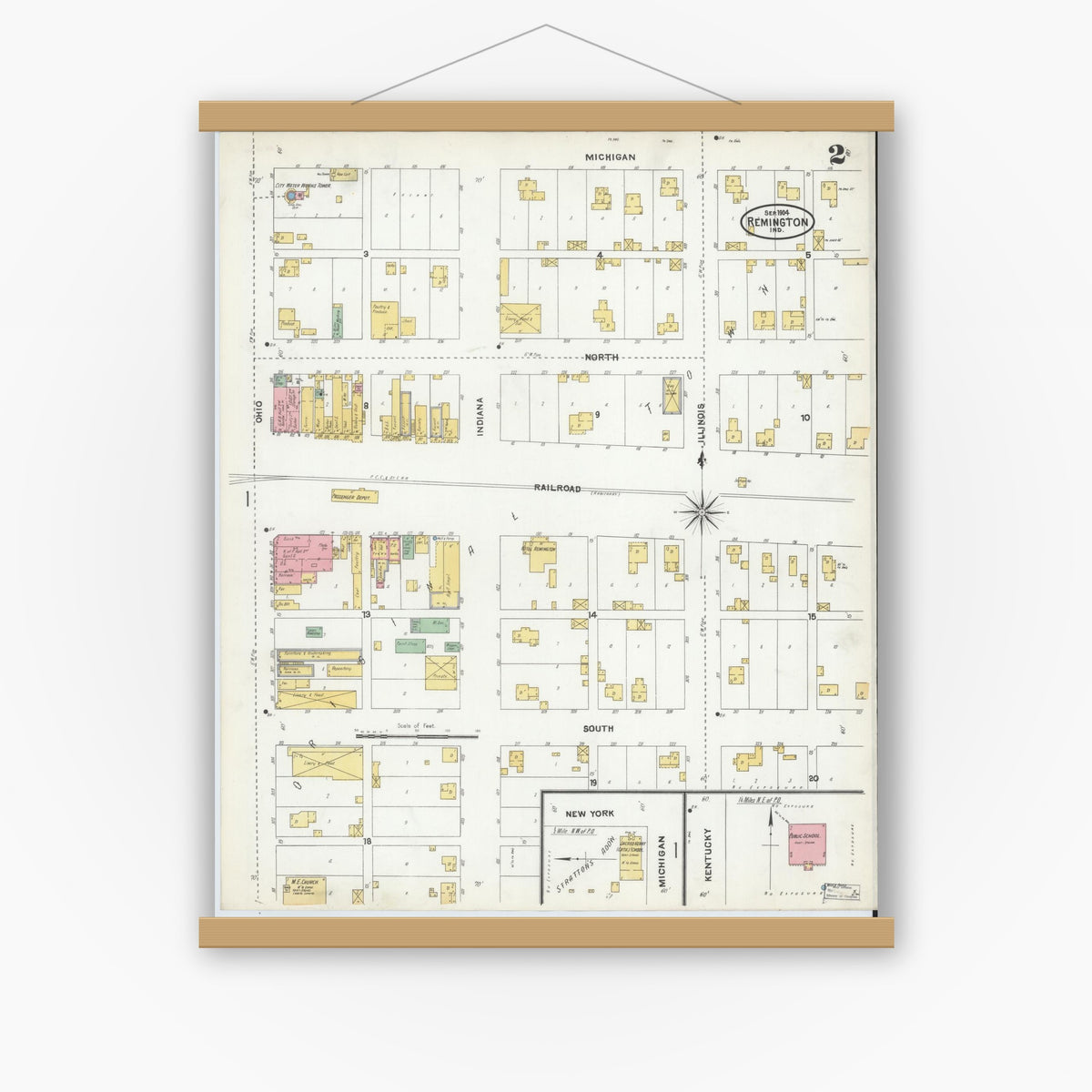 Old map wall art mockup — magnetic wood frame on white wall — Sanborn Fire Insurance Map from Remington, Jasper County, Indiana (1904), Sheet #0002