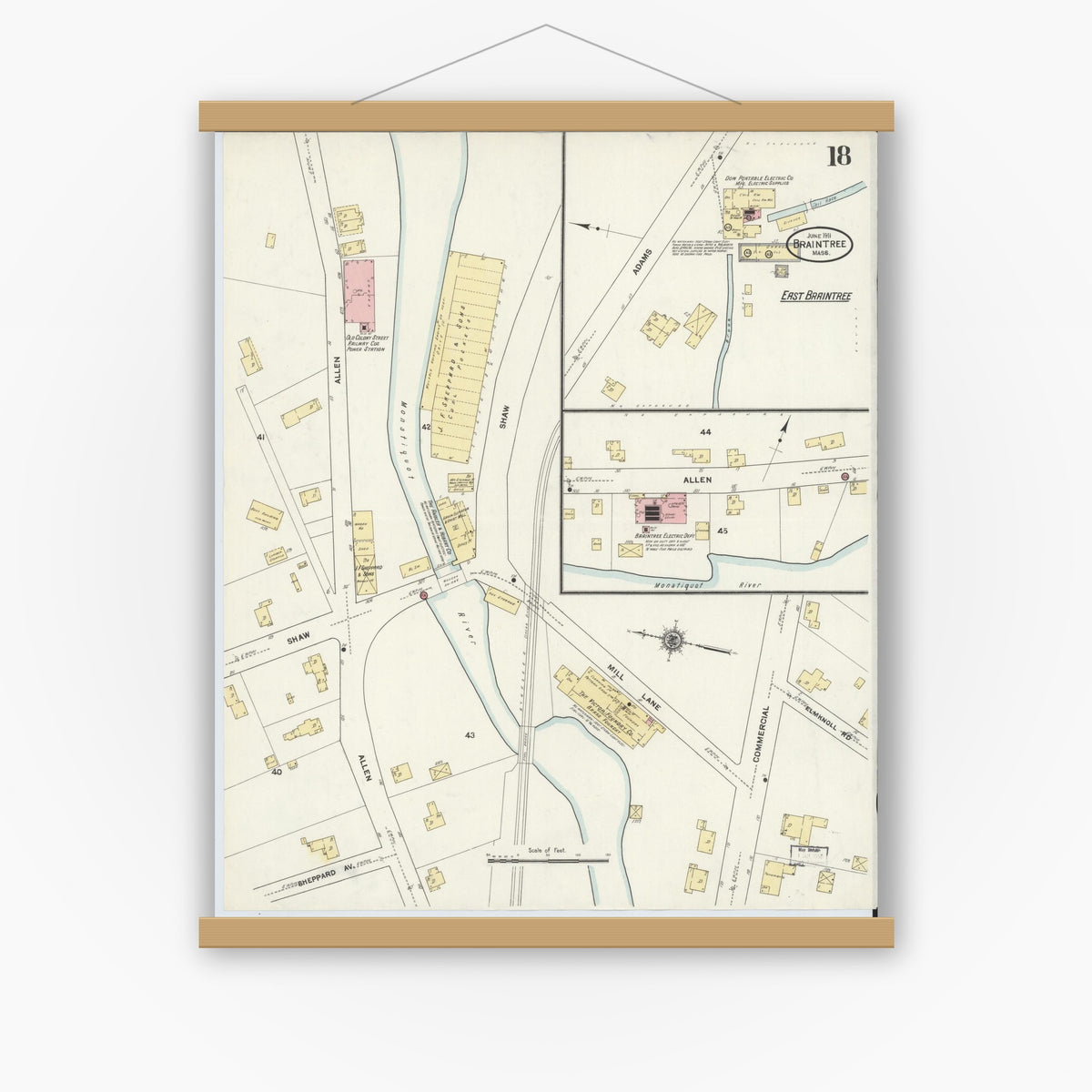 Old map wall art mockup — magnetic wood frame on white wall — Sanborn Fire Insurance Map from Braintree, Norfolk County, Massachusetts (1911), Sheet #0018