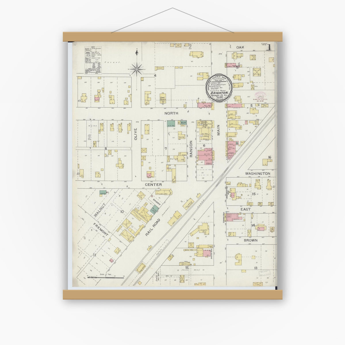 Old map wall art mockup — magnetic wood frame on white wall — Sanborn Fire Insurance Map from Brighton, Macoupin County, Illinois (1894) - Complete Map Set