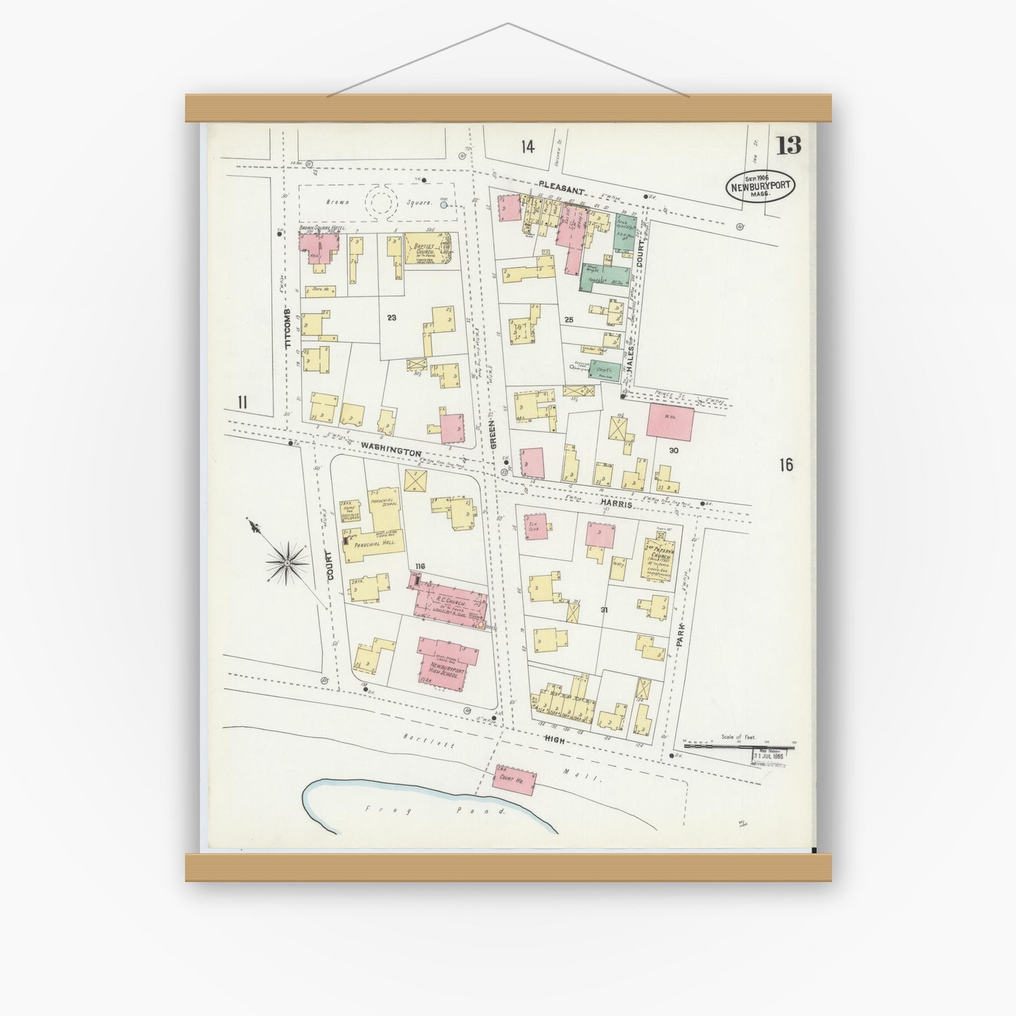 Old map wall art mockup — magnetic wood frame on white wall — Sanborn Fire Insurance Map from Newburyport, Essex County, Massachusetts (1906), Sheet #0013