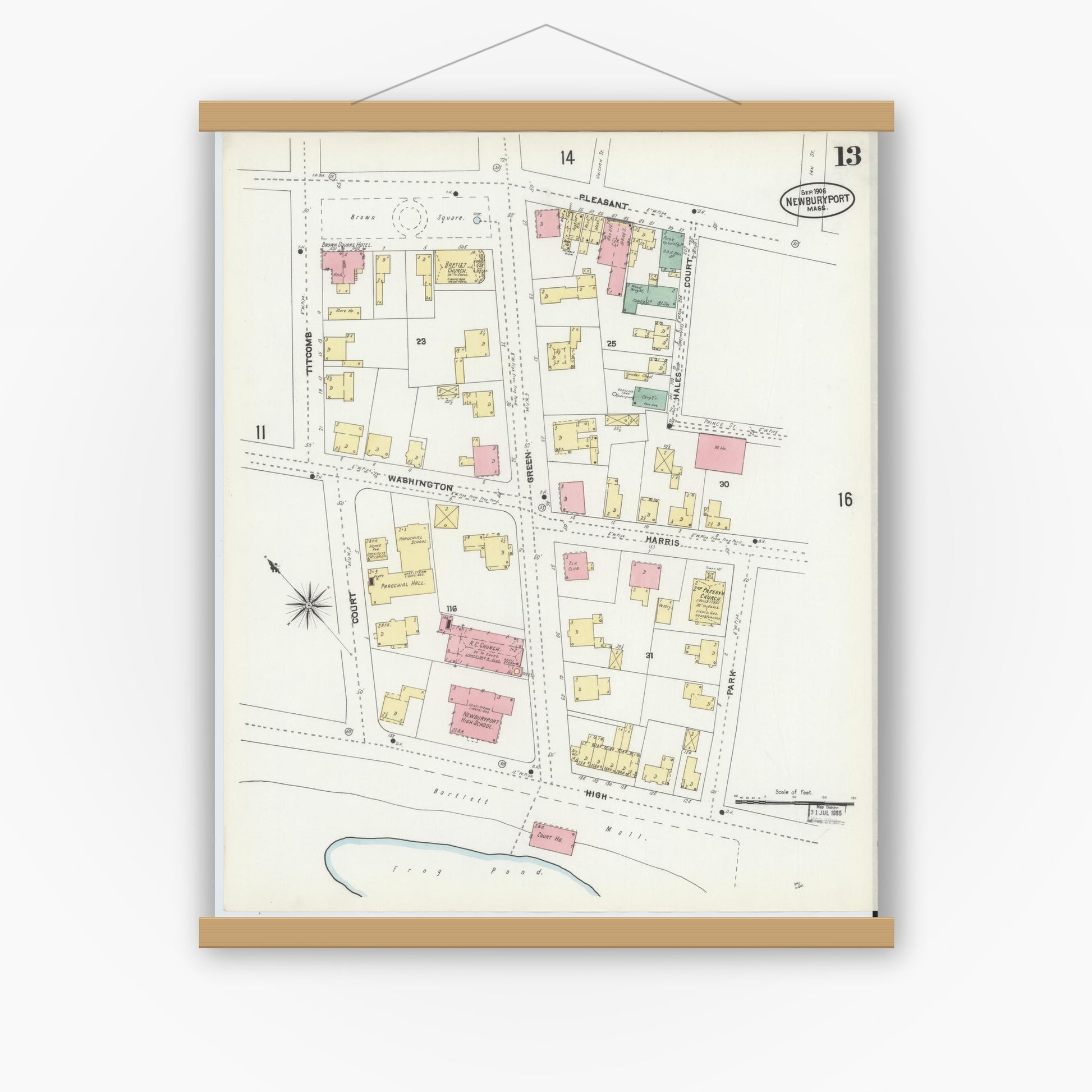 Old map wall art mockup — magnetic wood frame on white wall — Sanborn Fire Insurance Map from Newburyport, Essex County, Massachusetts (1906), Sheet #0013