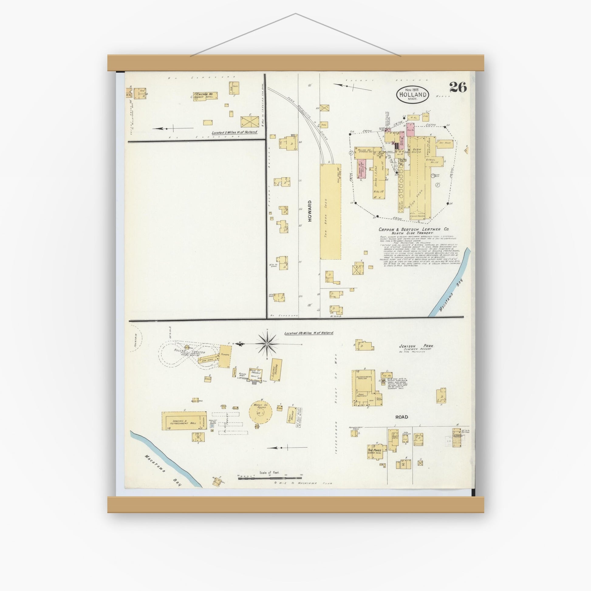 Old map wall art mockup — magnetic wood frame on white wall — Sanborn Fire Insurance Map from Holland, Ottawa County, Michigan (1908), Sheet #0026