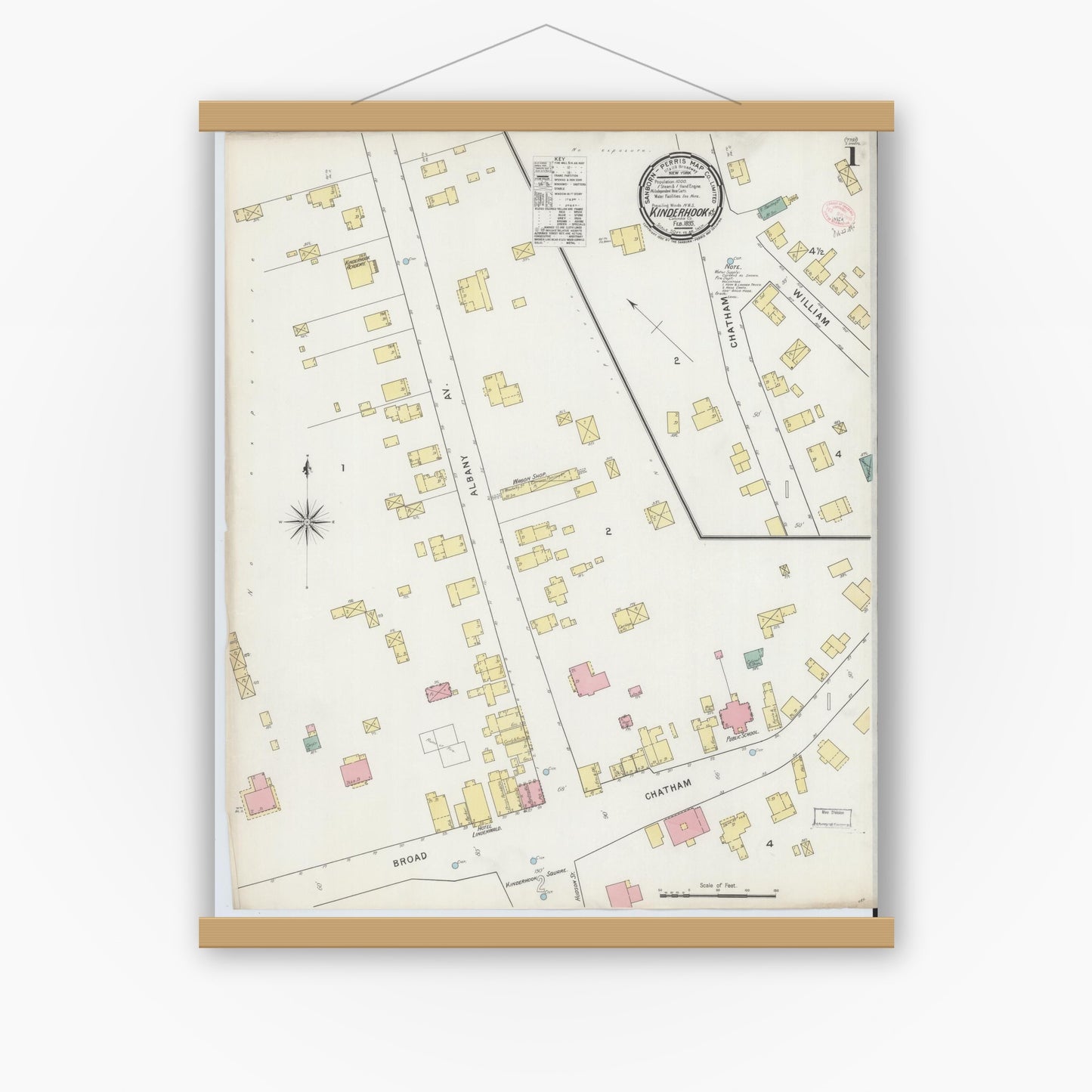 Old map wall art mockup — magnetic wood frame on white wall — Sanborn Fire Insurance Map from Kinderhook, Columbia County, New York (1895), Sheet #0001