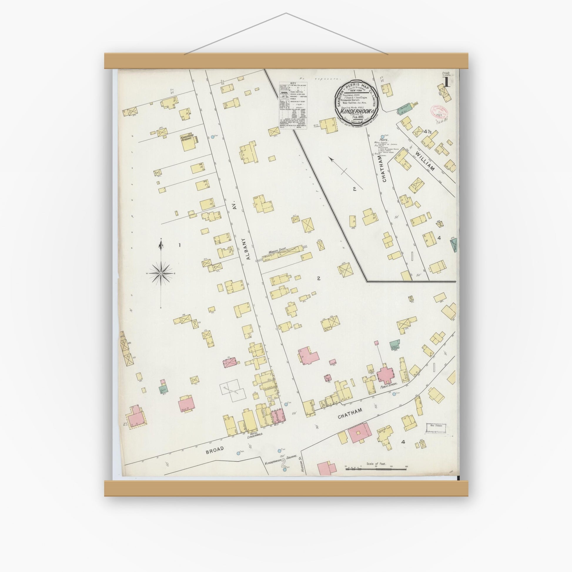 Old map wall art mockup — magnetic wood frame on white wall — Sanborn Fire Insurance Map from Kinderhook, Columbia County, New York (1895), Sheet #0001