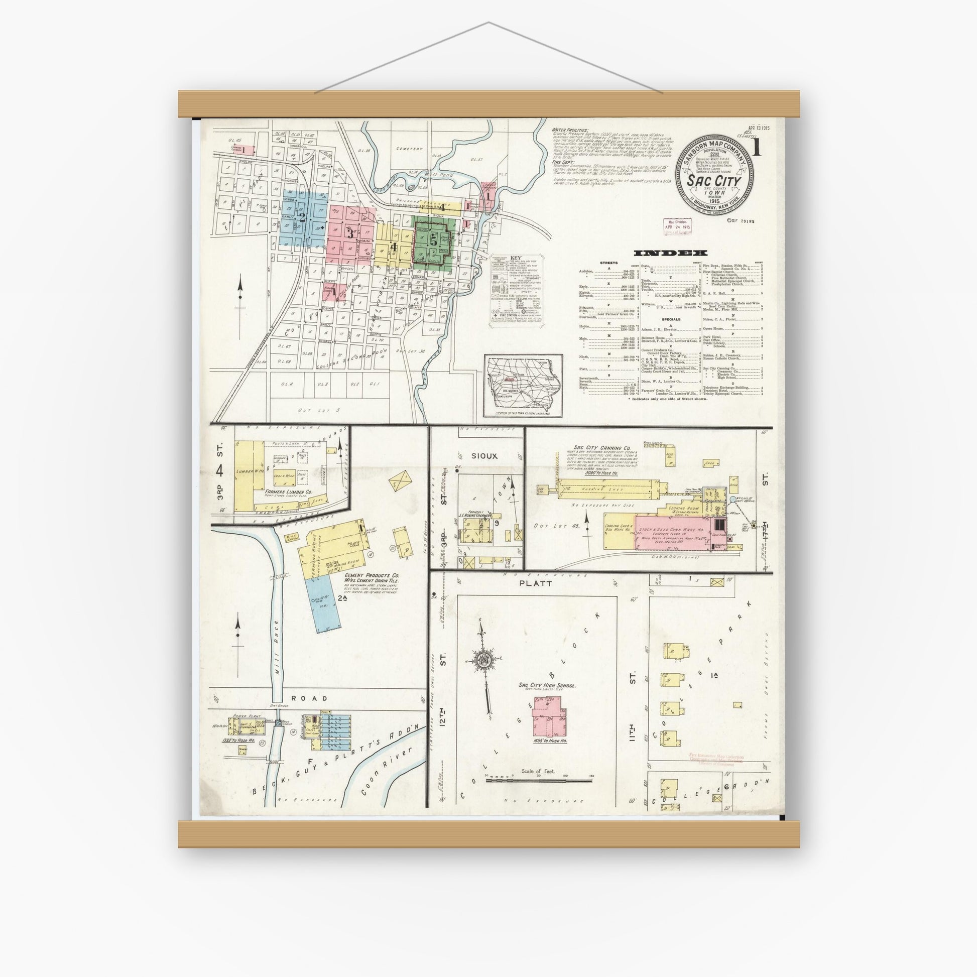 Old map wall art mockup — magnetic wood frame on white wall — Sanborn Fire Insurance Map from Sac City, Sac County, Iowa (1915), Sheet #0001